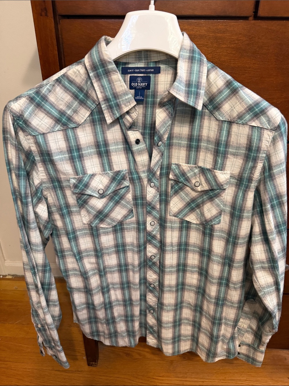Old Navy Men's Teal, Gray and White Slim Fit Plaid Button-Down Shirt